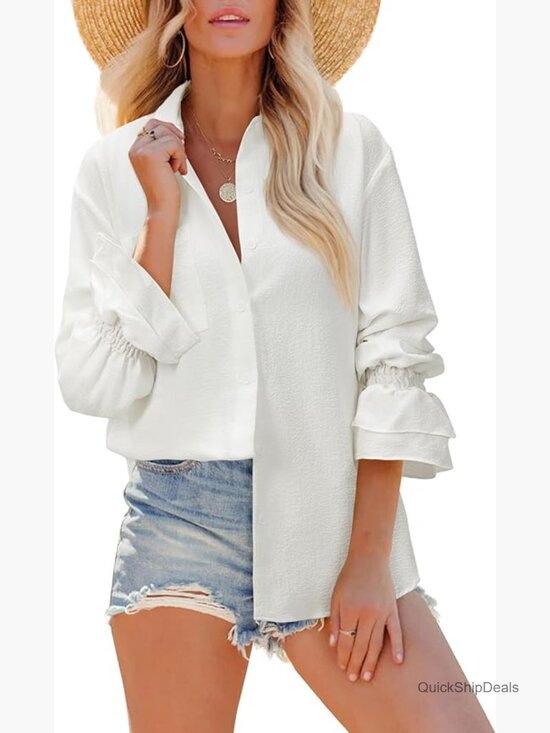 Tops - Oversized Button Down Shirt with Smocked Cuffs and Pocket